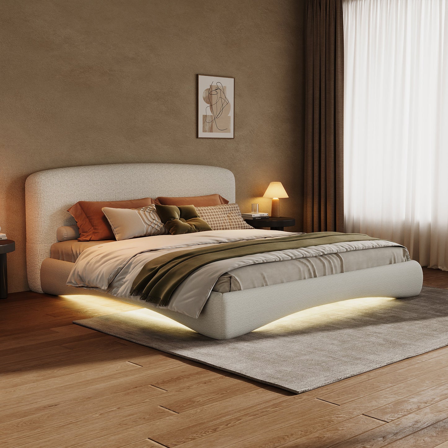 Curved Upholstered Bed with Smart Ambient Lighting