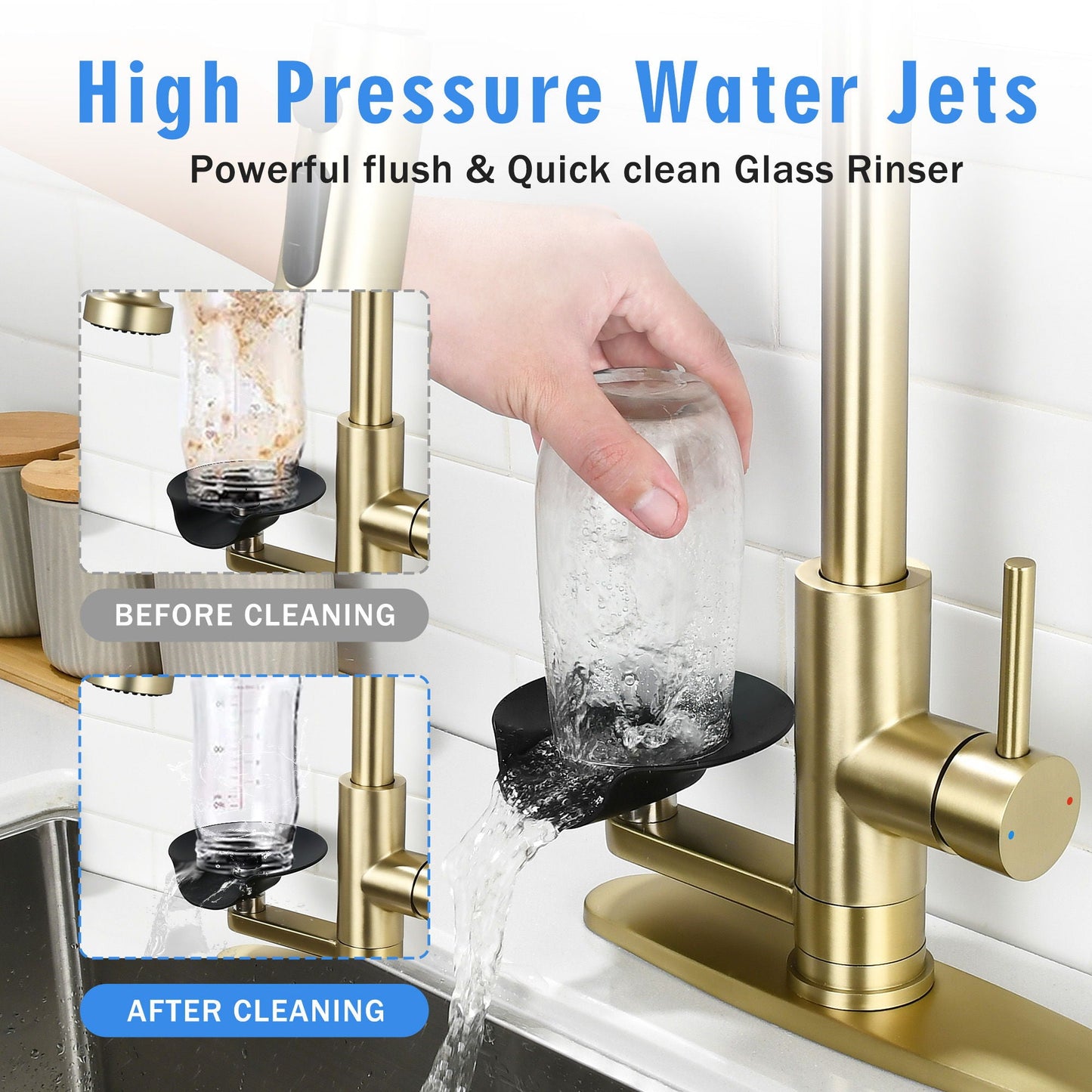 3 In 1 Kitchen Faucet With Press Type Glass Rinser, High Arc Pull Down Sprayer