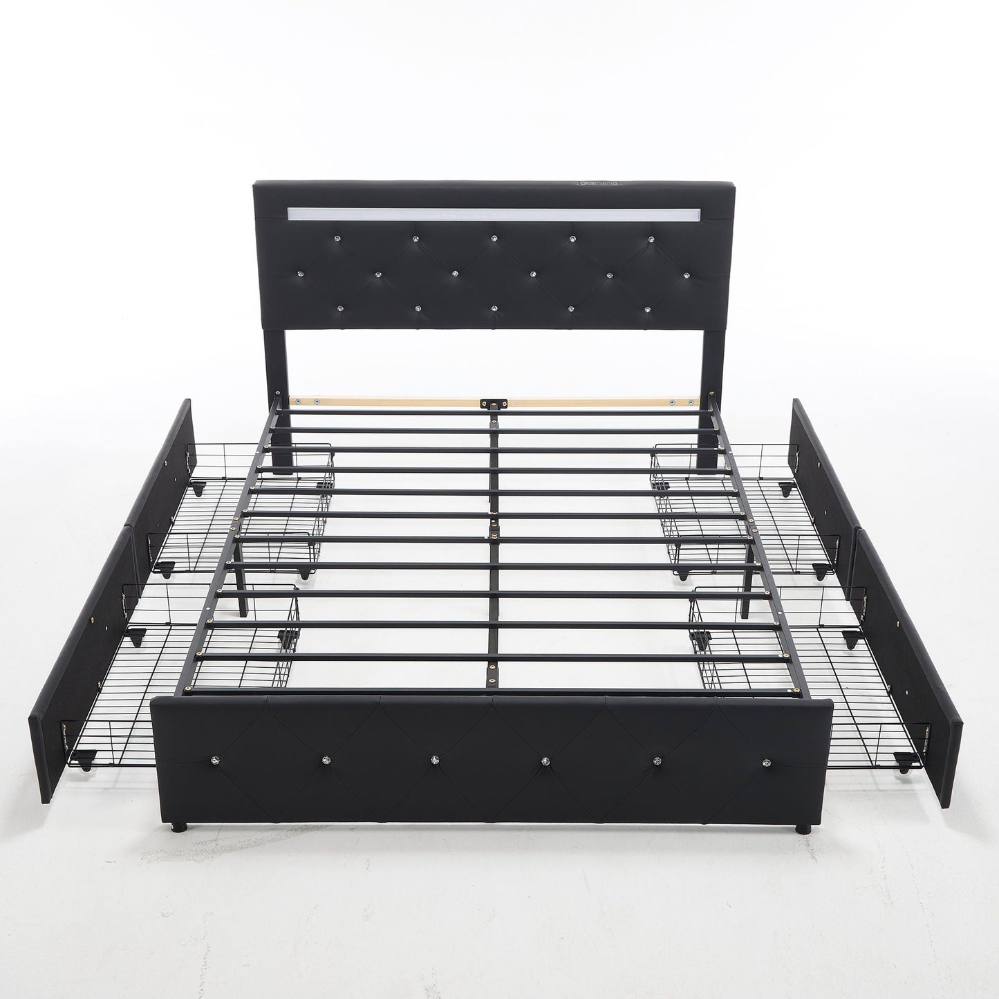 Upholstered Bed Frame With LED Lights, 4 Storage Drawers, Charging Station
