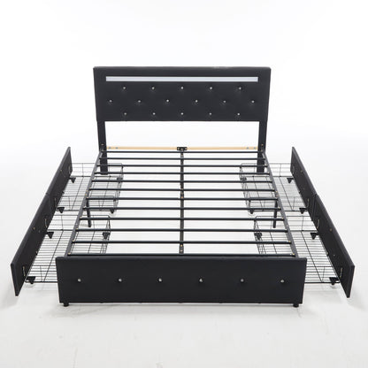 Upholstered Bed Frame With LED Lights, 4 Storage Drawers, Charging Station