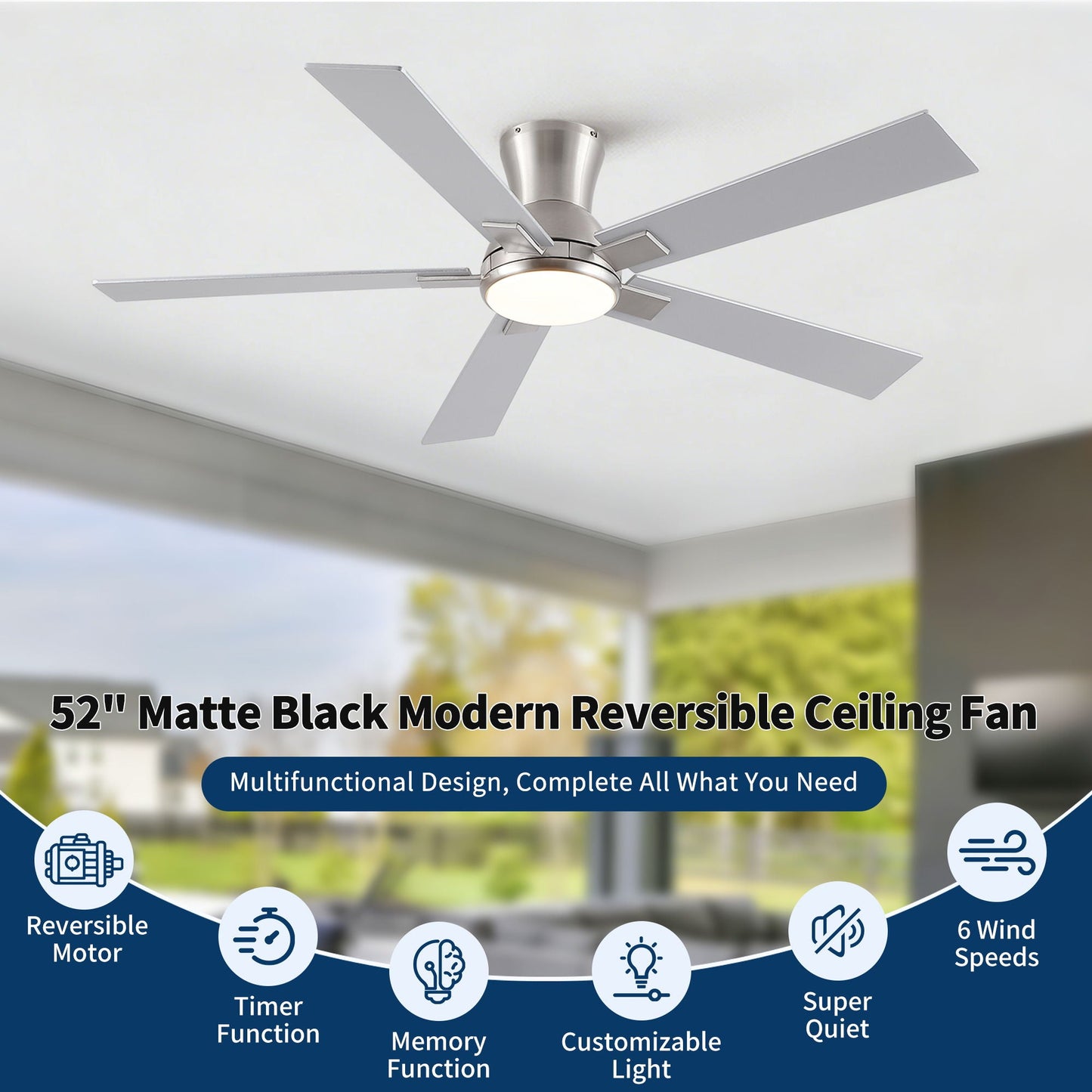 Low Profile Flush Mount Intergrated LED Ceiling Fan With Light And Reversible Quiet Motor