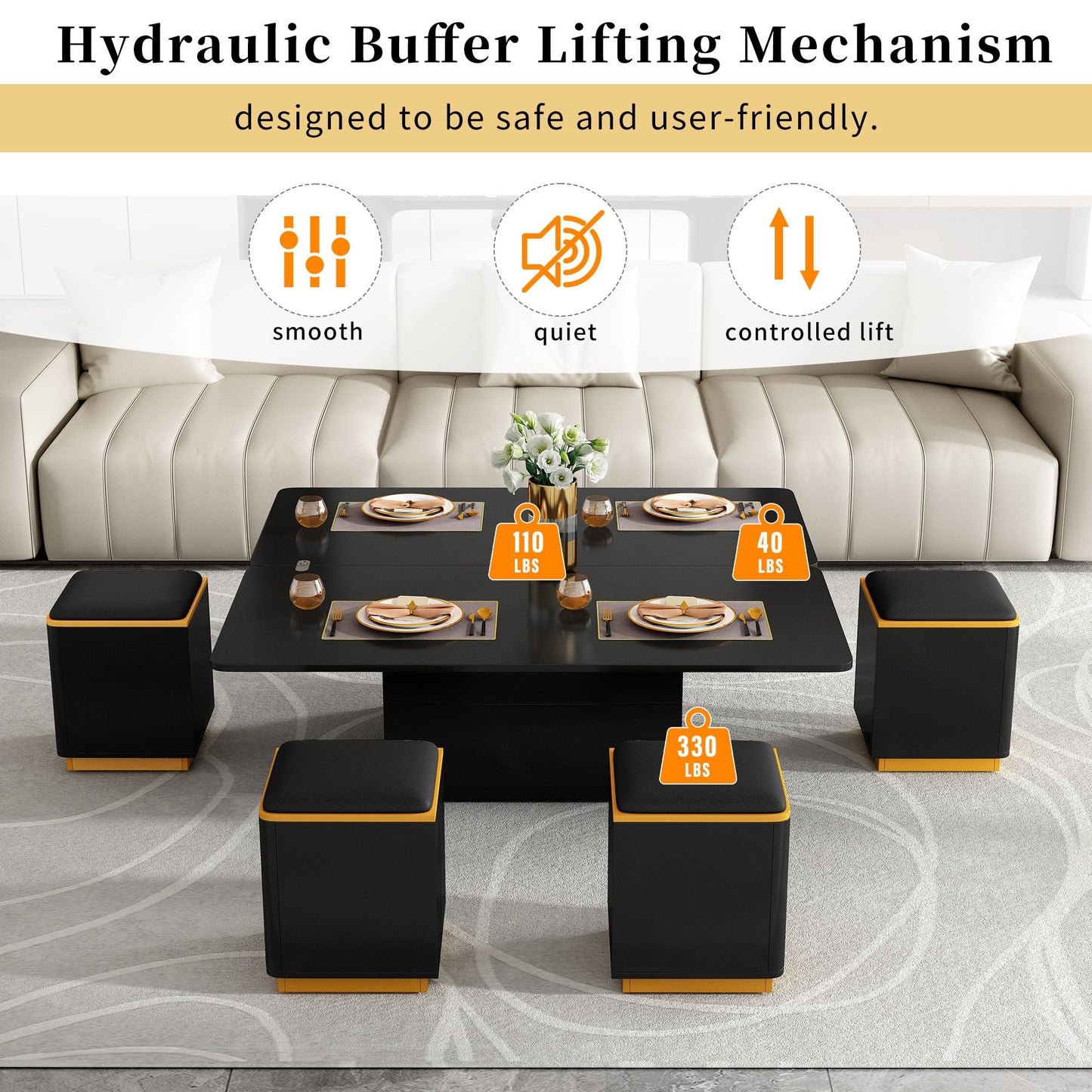 Lift Top Coffee Table With 4 Storage Stools