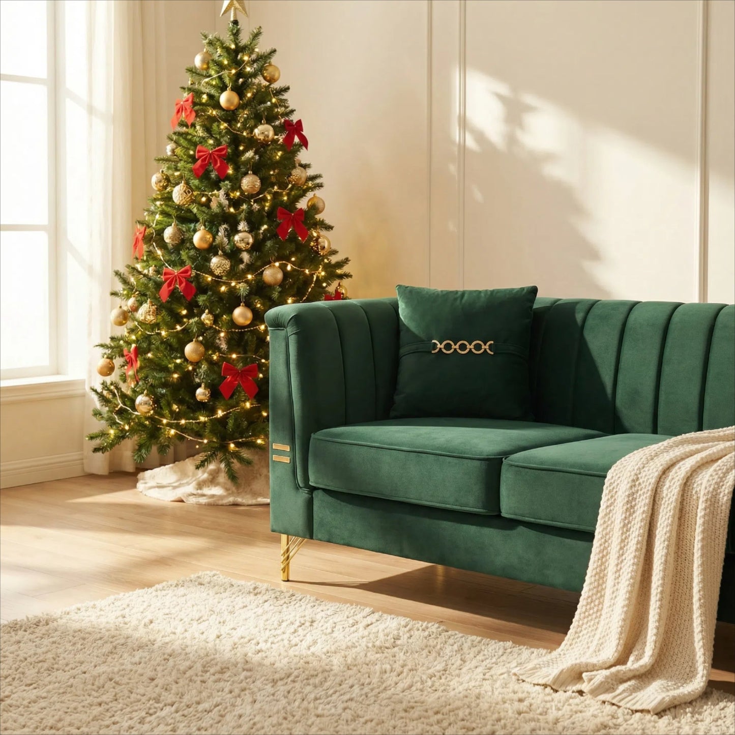 FX-P82-GR3 82.67" Modern Velvet 3-Seater Chesterfield Sofa with 2 Pillows