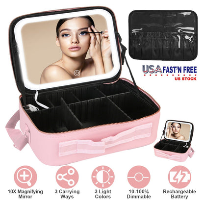 Travel Makeup Bag with LED Mirror Makeup Case Organizer with 3 Light Colors Adjustable Dividers Brush Holder Magnifying Mirror Shoulder Strap Luggage