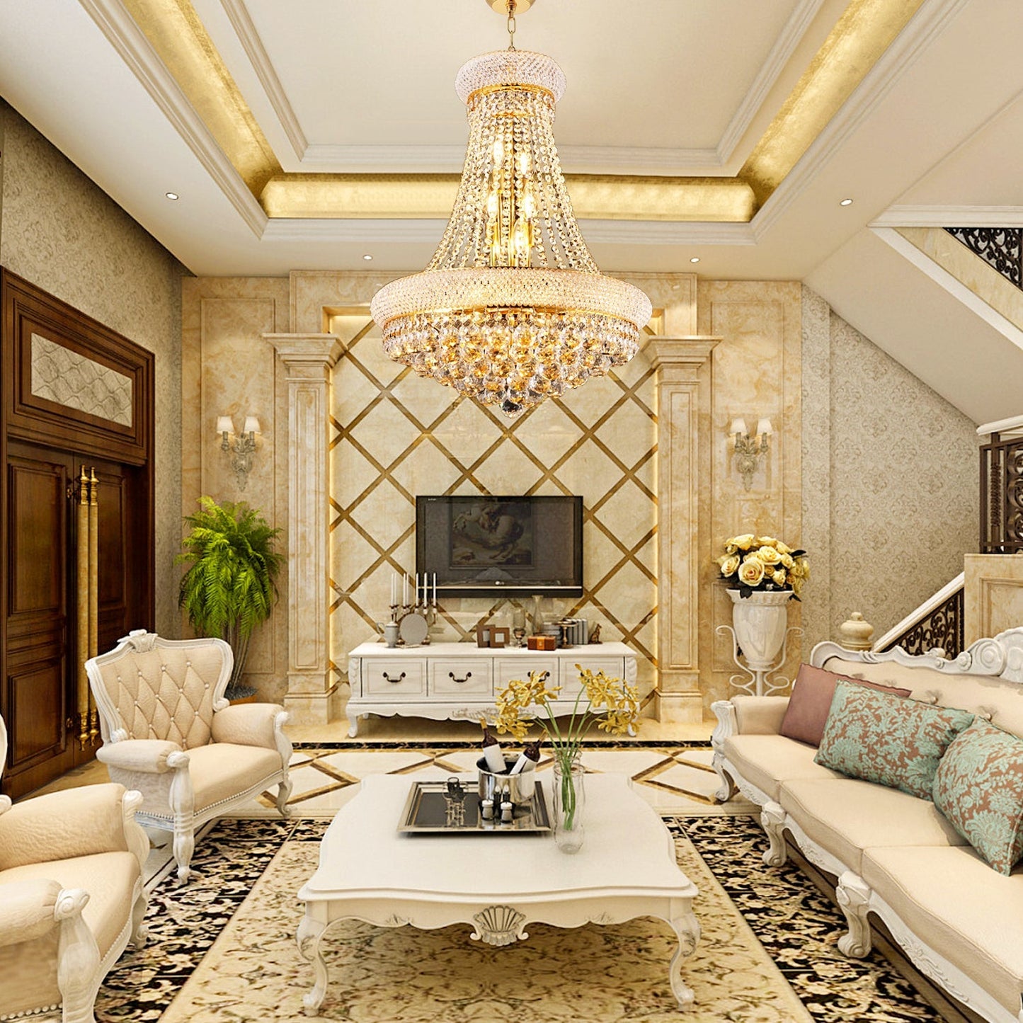 24-Inch Gold Crystal Chandelier, 12-Light French Empire Style Ceiling Light