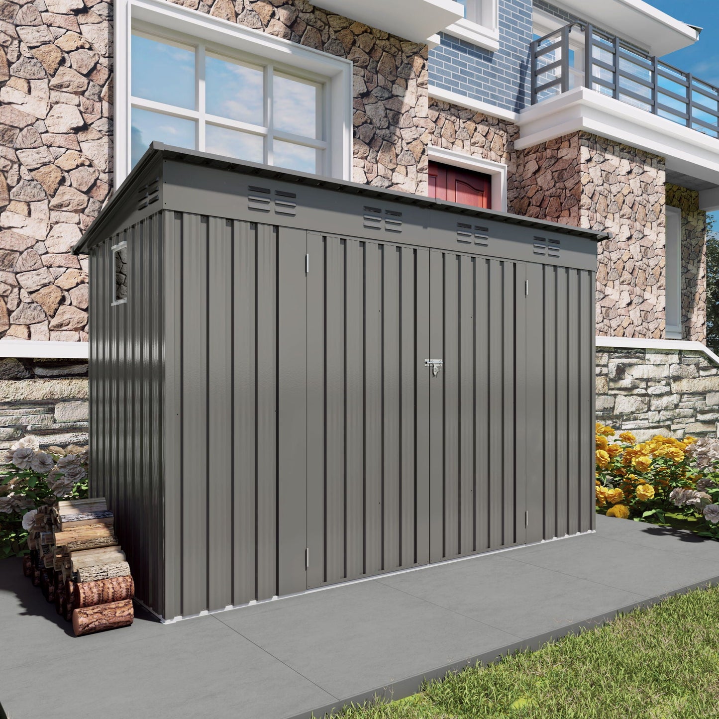 Outdoor Storage Shed, Tool House With Sloping Roof, 6 Vents And 2 Swing Doors For Backyard - Gray