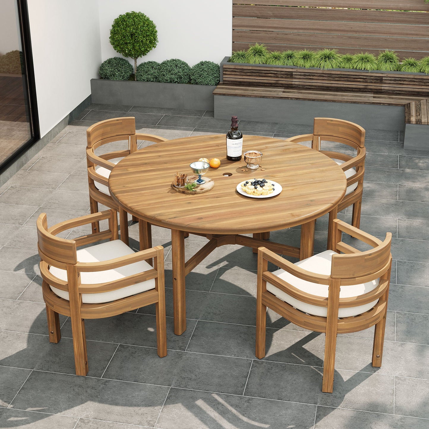 5 Piece Round Patio Table & Cushioned Armrest Chairs, Outdoor Dining Set With Umbrella Hole