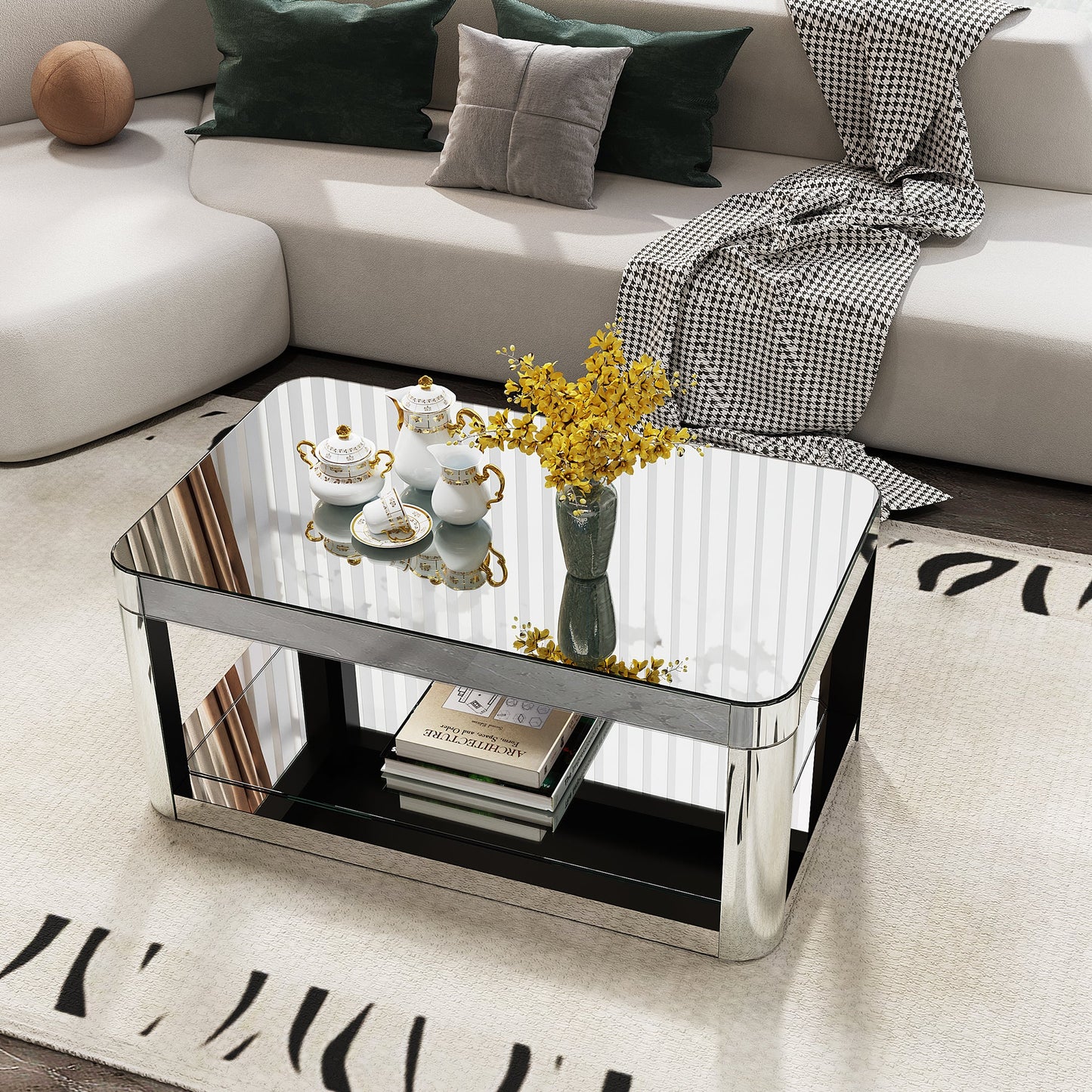 Baked Curved Mirror Coffee Table for Living Room