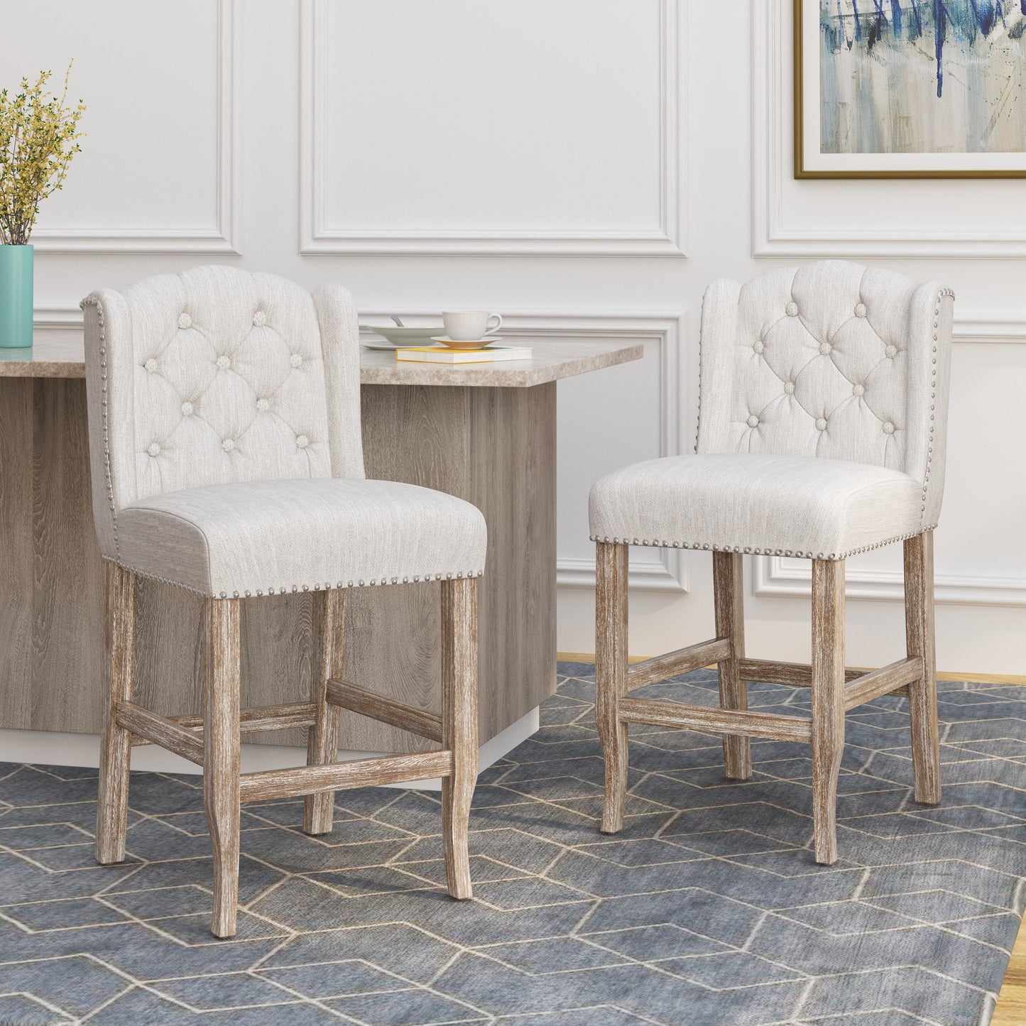 26.78'' Seat Height Vienna Contemporary Fabric Tufted Wingback Counter Stools, Set of 2