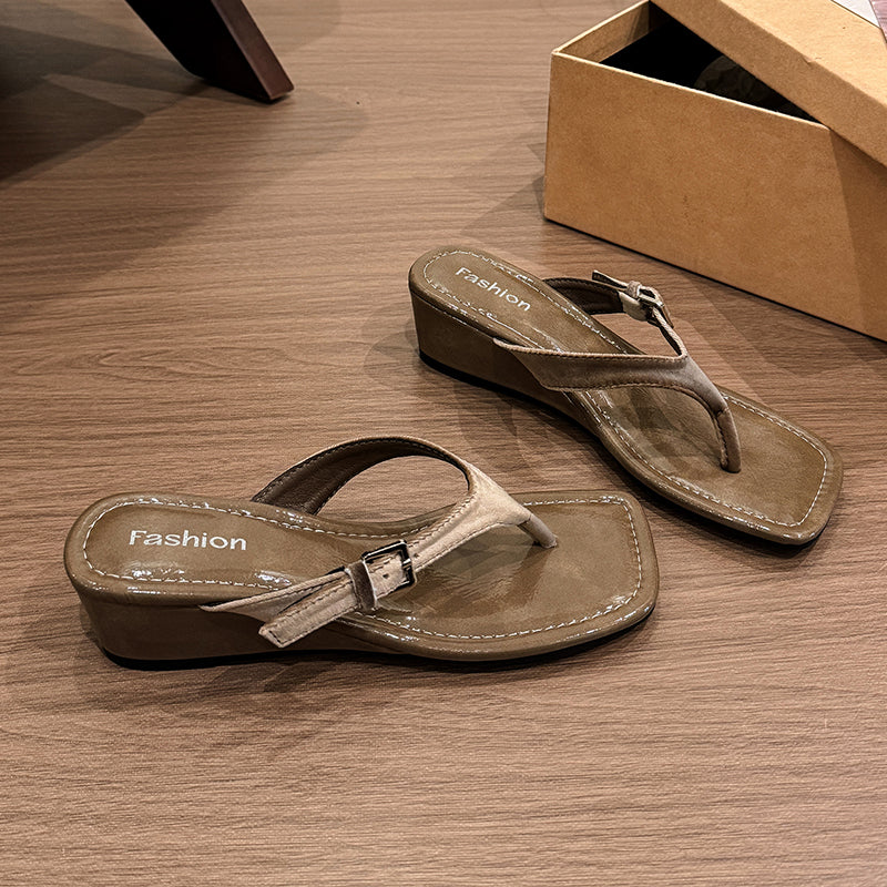 Women's French Square Toe Wedge Platform Thong Sandals For Outdoor Wear