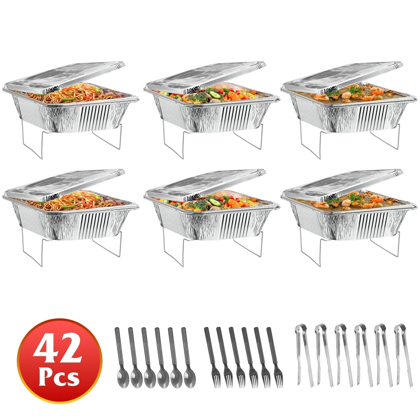42Pcs Disposable Chafing Dish Buffet Set Chafing Servers with Covers Spoons Forks Tongs Full-Size Pans Food Warmers for Parties Events Catering Suppli
