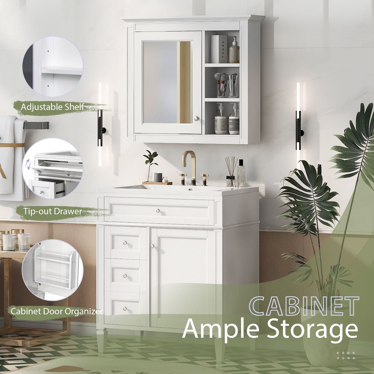 Bathroom Vanity With Medicine Cabinet, Royal Mirror Cabinet, Modern Bathroom Storage Cabinet With 2 Soft Closing Doors And 4 Drawers