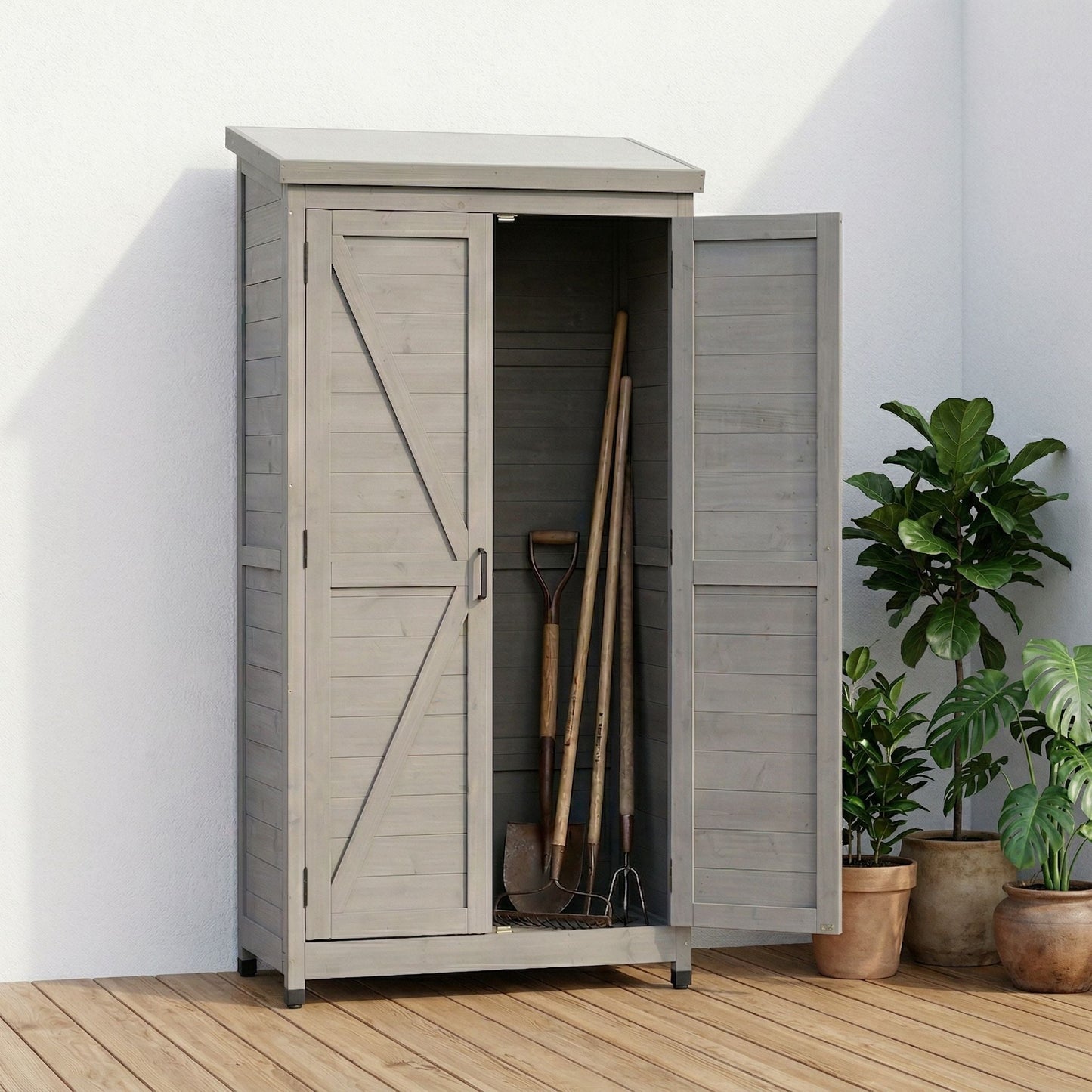 Outdoor Storage Shed With Vertical Tool Cabinet For Backyard