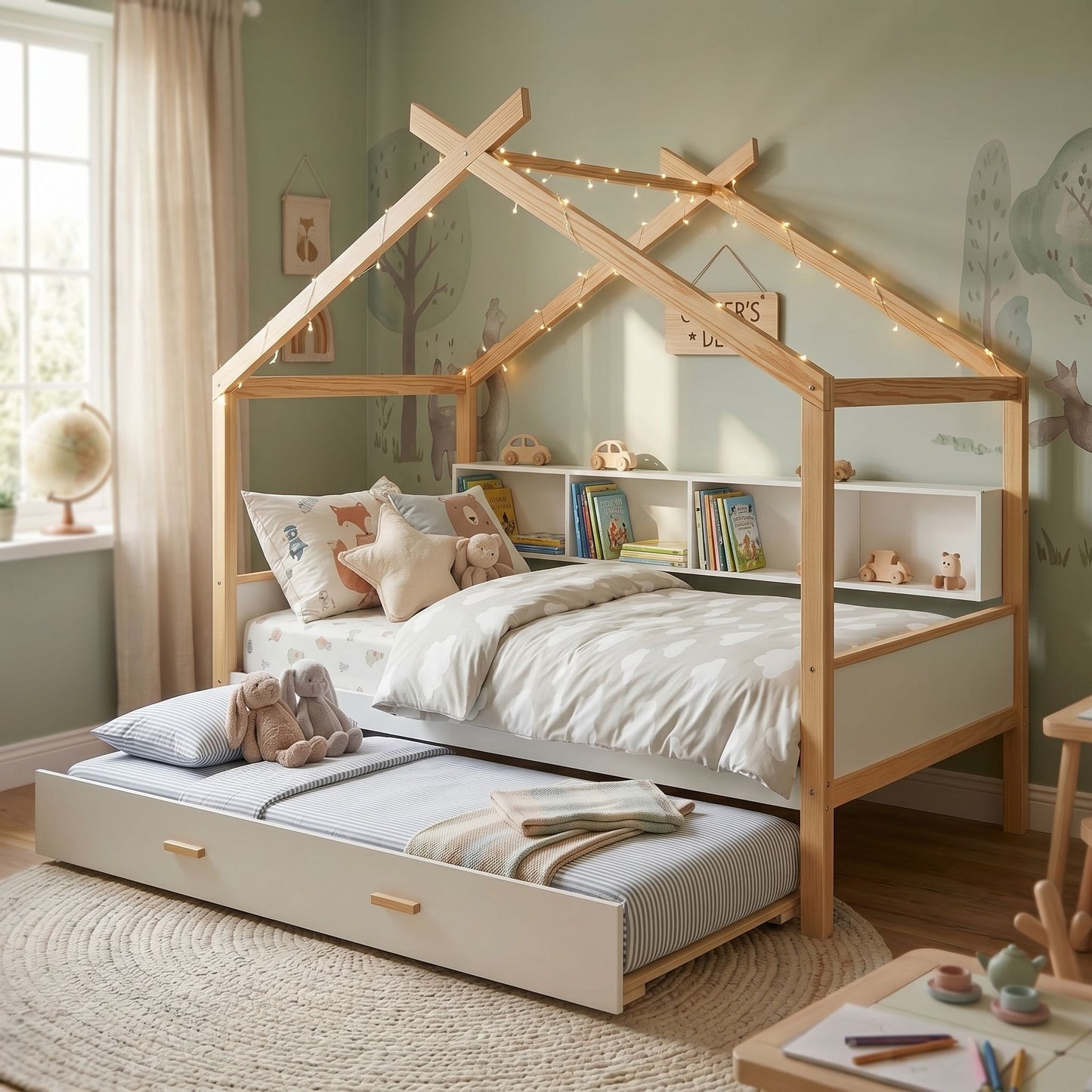 House Bed With Bookshelf Storage