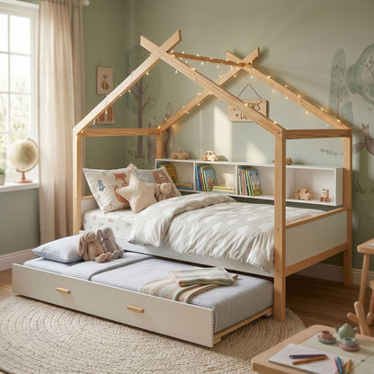 House Bed With Bookshelf Storage