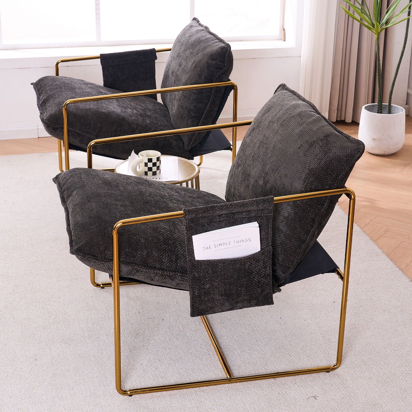 Upholstered Hanging Armchair With Arm Pocketsmetal Frame (Set of 2), Plated Craftsmanship, Crushed Foam Cushions And Skin-Friendly Woven Fabric For Living Room And Bedroom