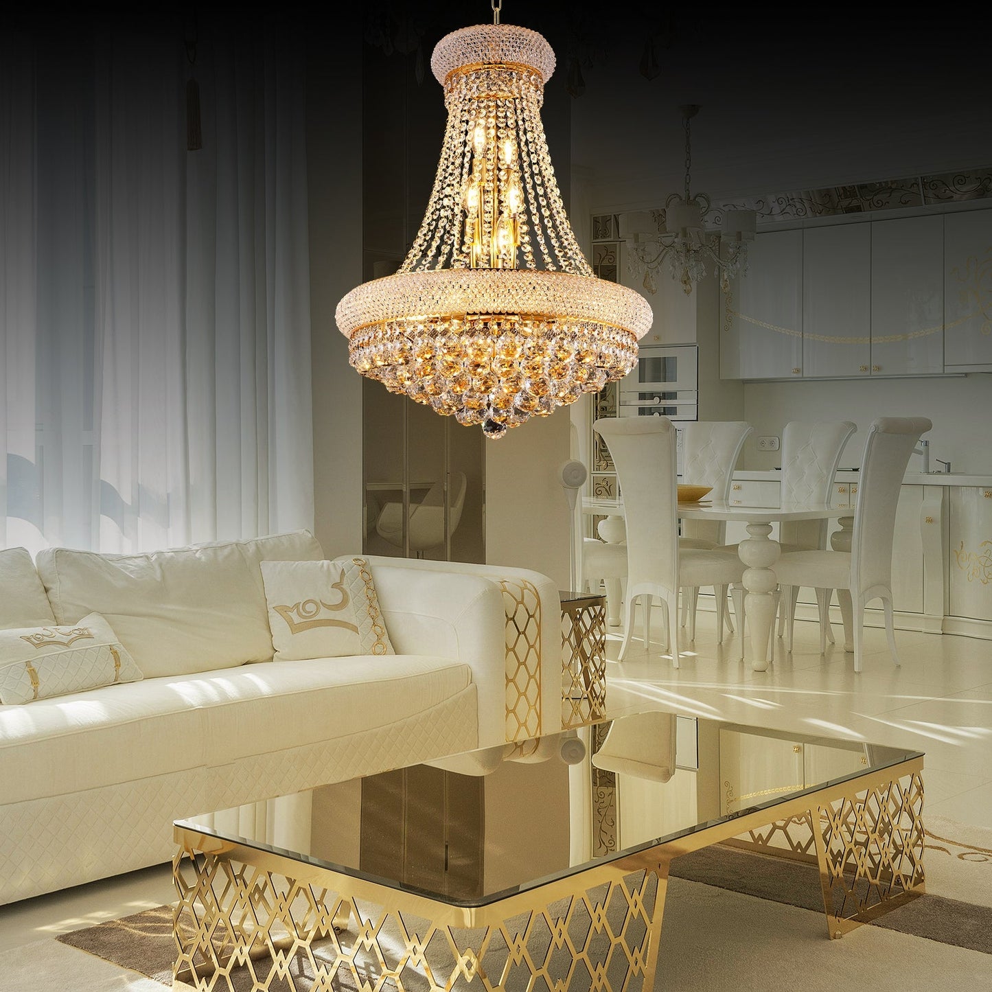 24-Inch Gold Crystal Chandelier, 12-Light French Empire Style Ceiling Light