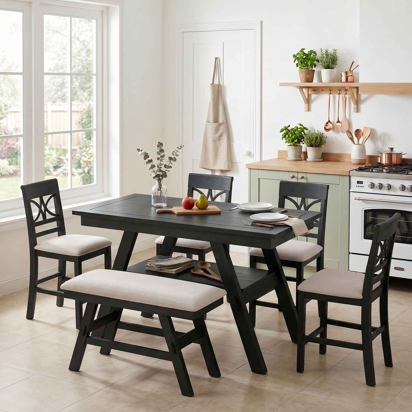 TOPMAX 6-Piece Wood Counter Height Dining Table Set with Storage Shelf