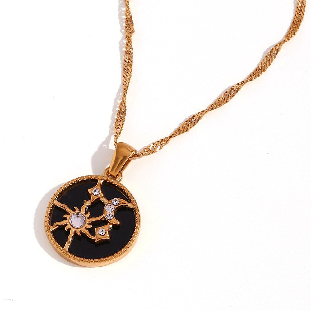 Aura Gold Celestial Moon & Star Disc Necklace | Vintage Titanium Stainless Steel Medallion | Retro Sun & Moon Crystal Charm Jewelry