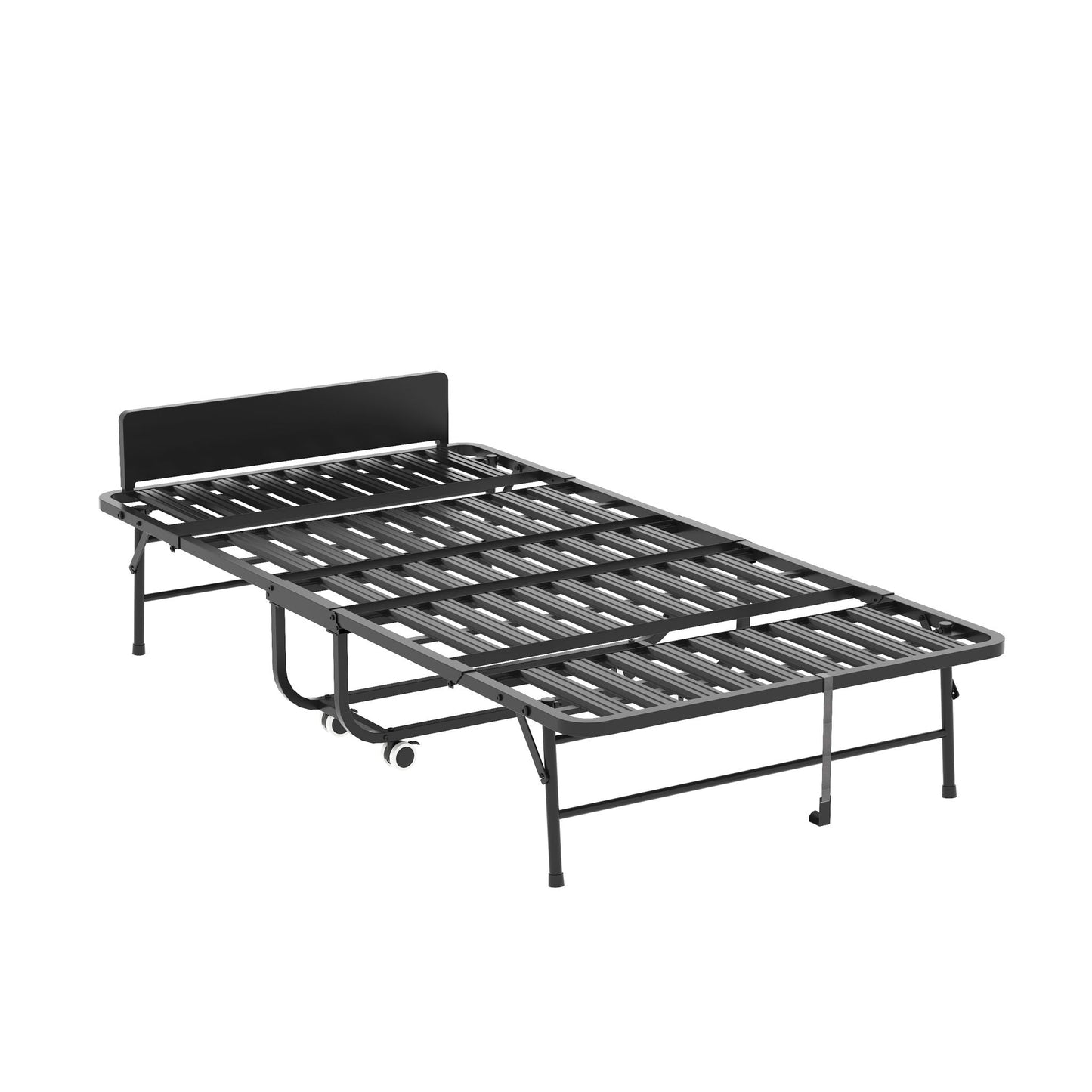 Twin Folding Bed With Adjustable Headboard, Memory Foam For Tall People, Heavy-Duty Portable On Wheels, Easy Assembly - Black
