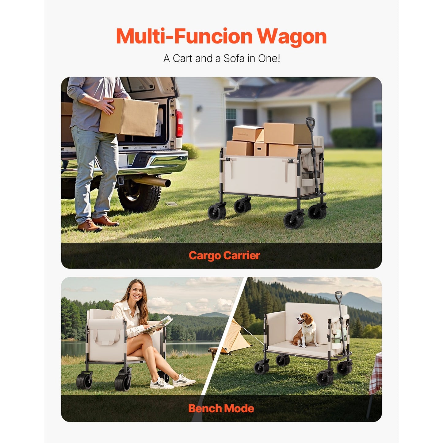 Foldable Wagon Cart Converts to Bench 550lb Load & 220L Utility Wagon for Camp