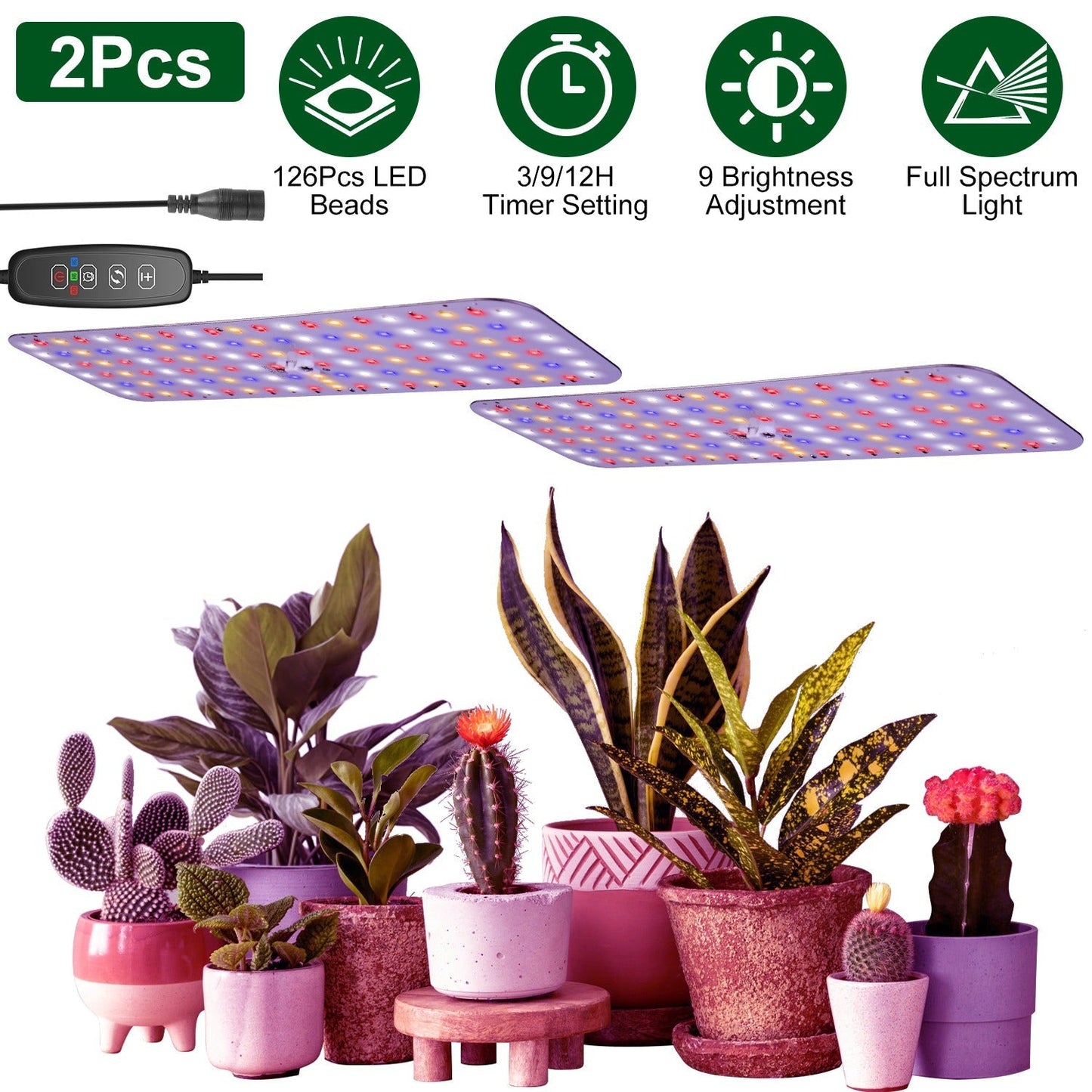 2Pcs Ultra-Thin LED Grow Lights for Indoor Plants with 126Pcs LEDs Full Spectrum Under Cabinet Plant Growing Light Panel 3/9/12H Timer 9 Dimmable Leve