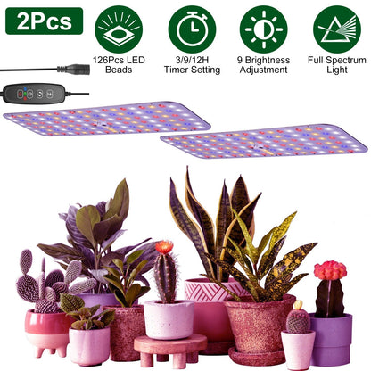 2Pcs Ultra-Thin LED Grow Lights for Indoor Plants with 126Pcs LEDs Full Spectrum Under Cabinet Plant Growing Light Panel 3/9/12H Timer 9 Dimmable Leve