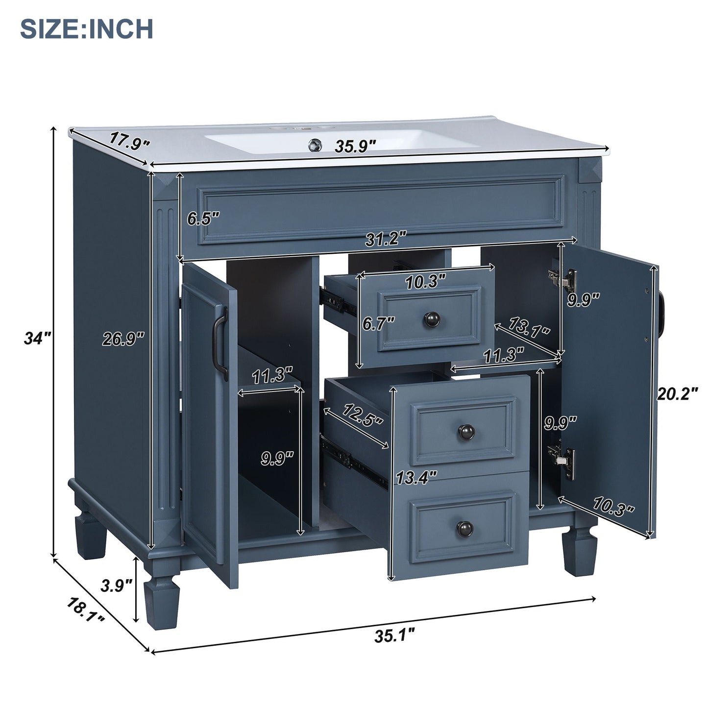 36" Bathroom Vanity With Ceramic Sink and Soft-Close Doors - Blue