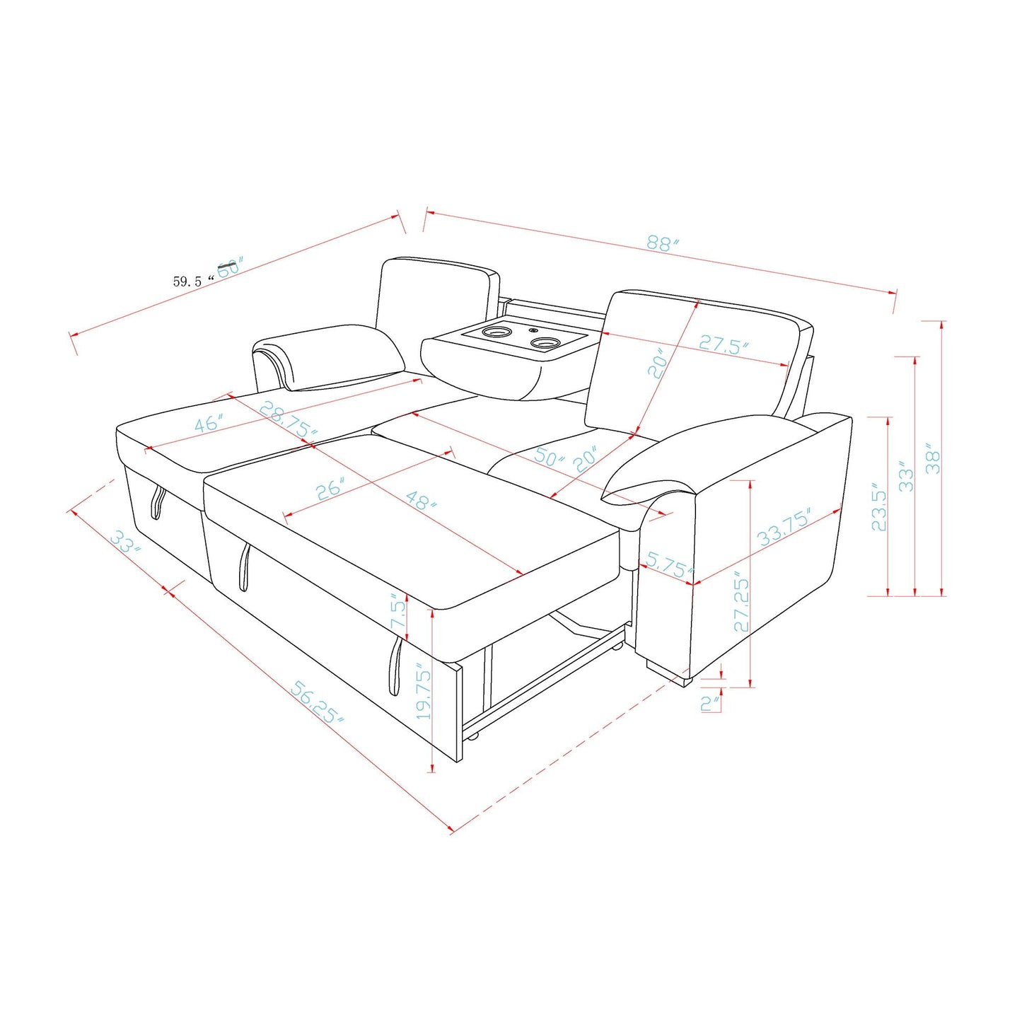 Rebecca - Sofa With Pull Out Bed, Storage Chaise, USB And Cup Holders - Dark Gray