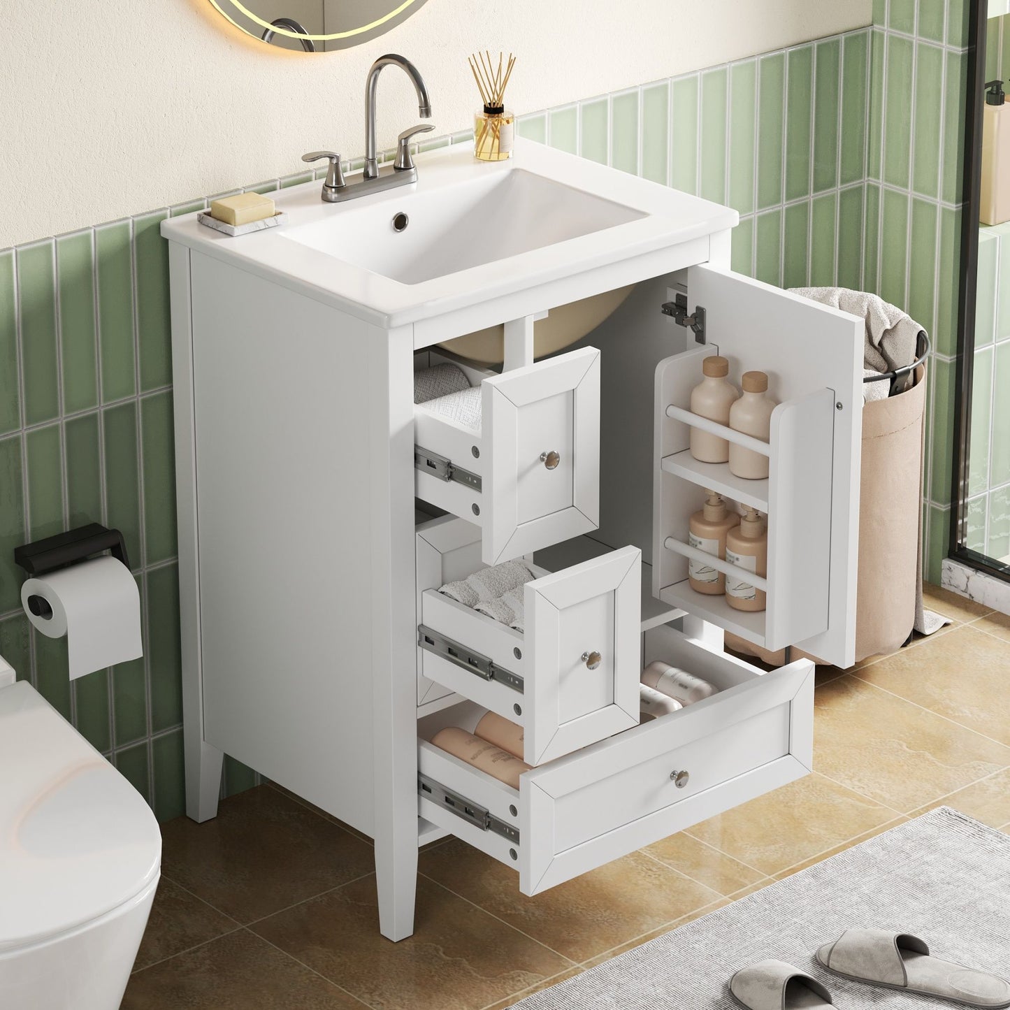 Modern Bathroom Vanity With Sink, Soft Close Drawers & Door, Storage Rack