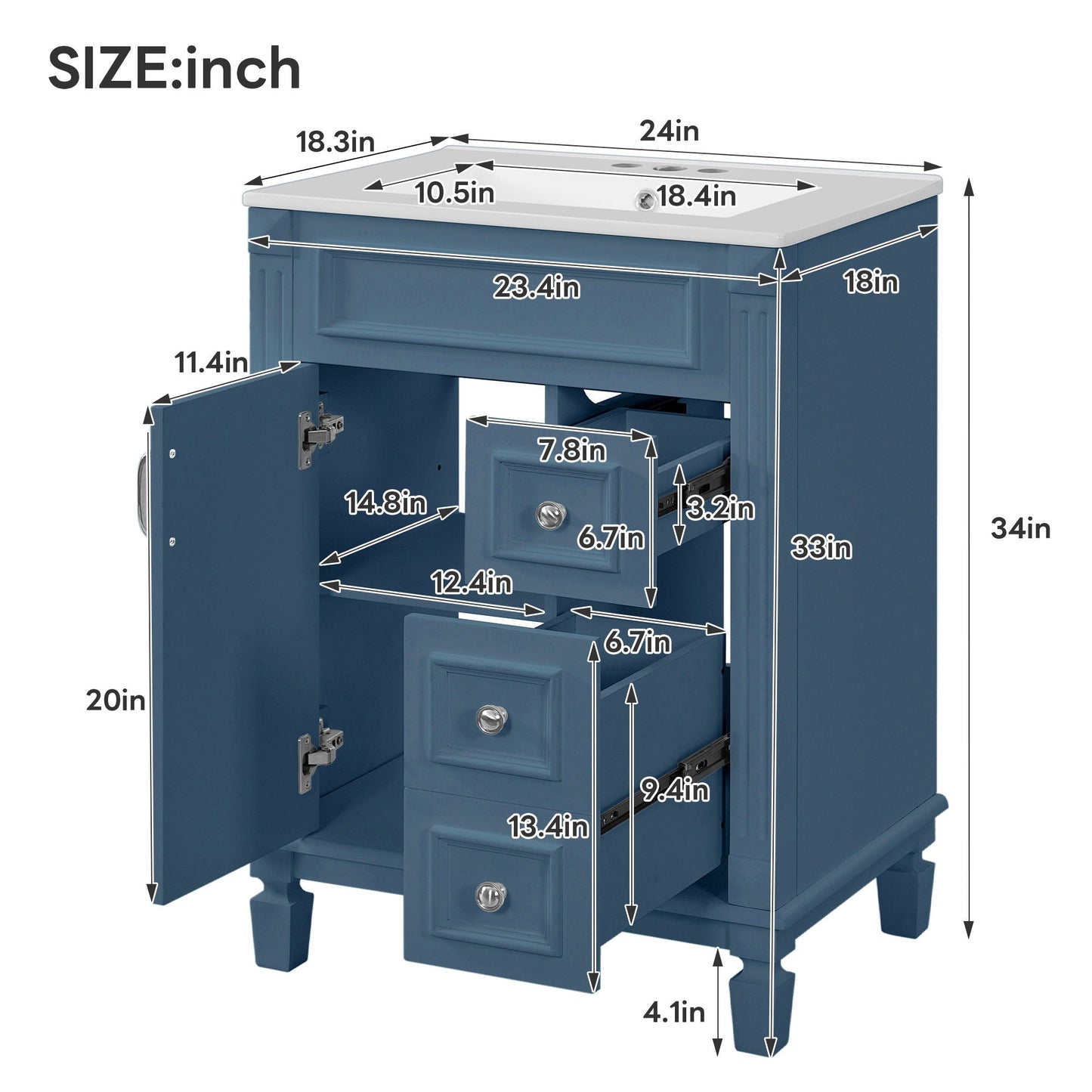 Bathroom Vanity With Ceramic Sink, Compact Cabinet With 2 Drawers And Adjustable Shelf - Blue