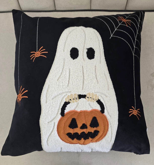 Halloween Ghost With Pumpkin Bucket Throw Pillow