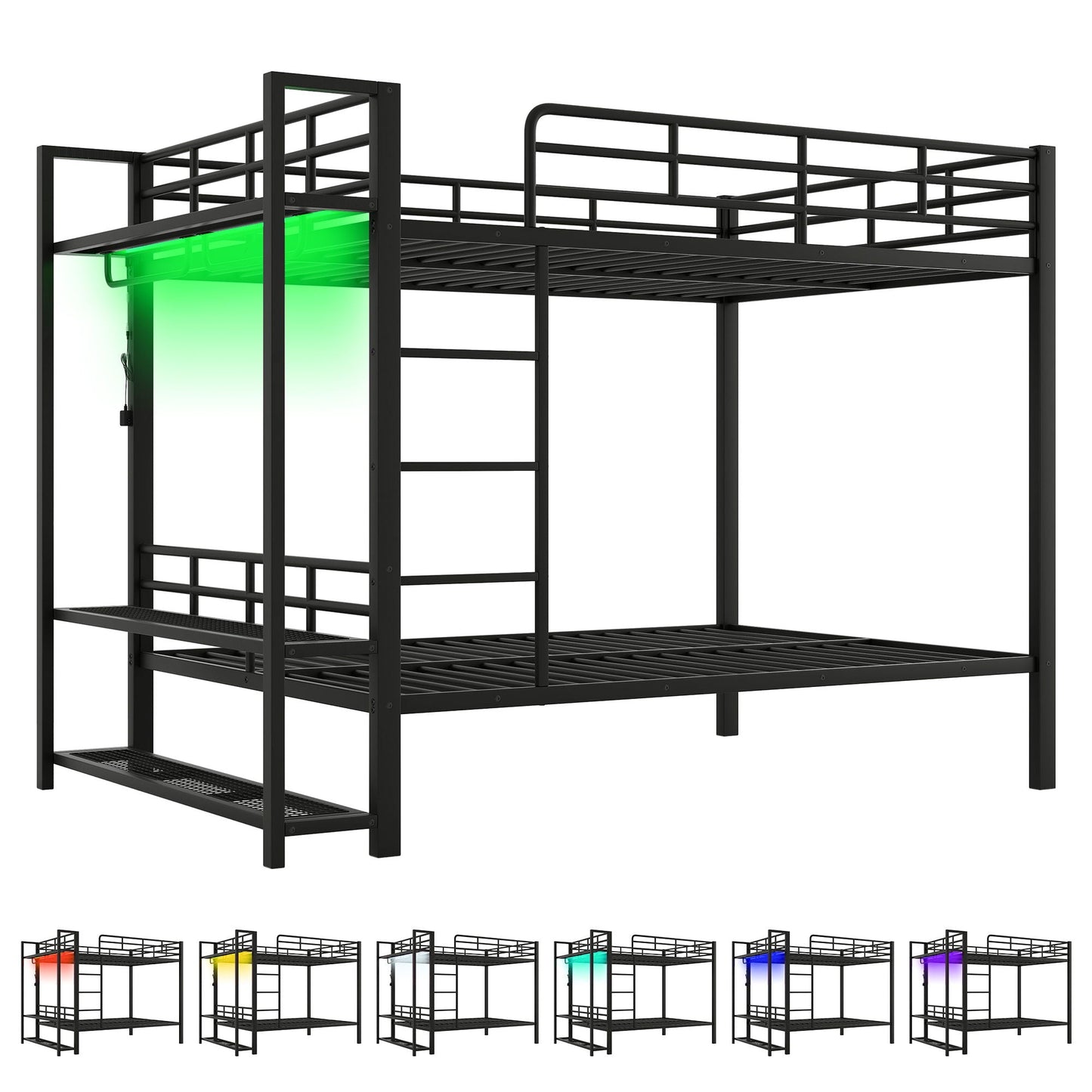 Bunk Bed With Storage Shelves, Clothes Hooks, LED Light