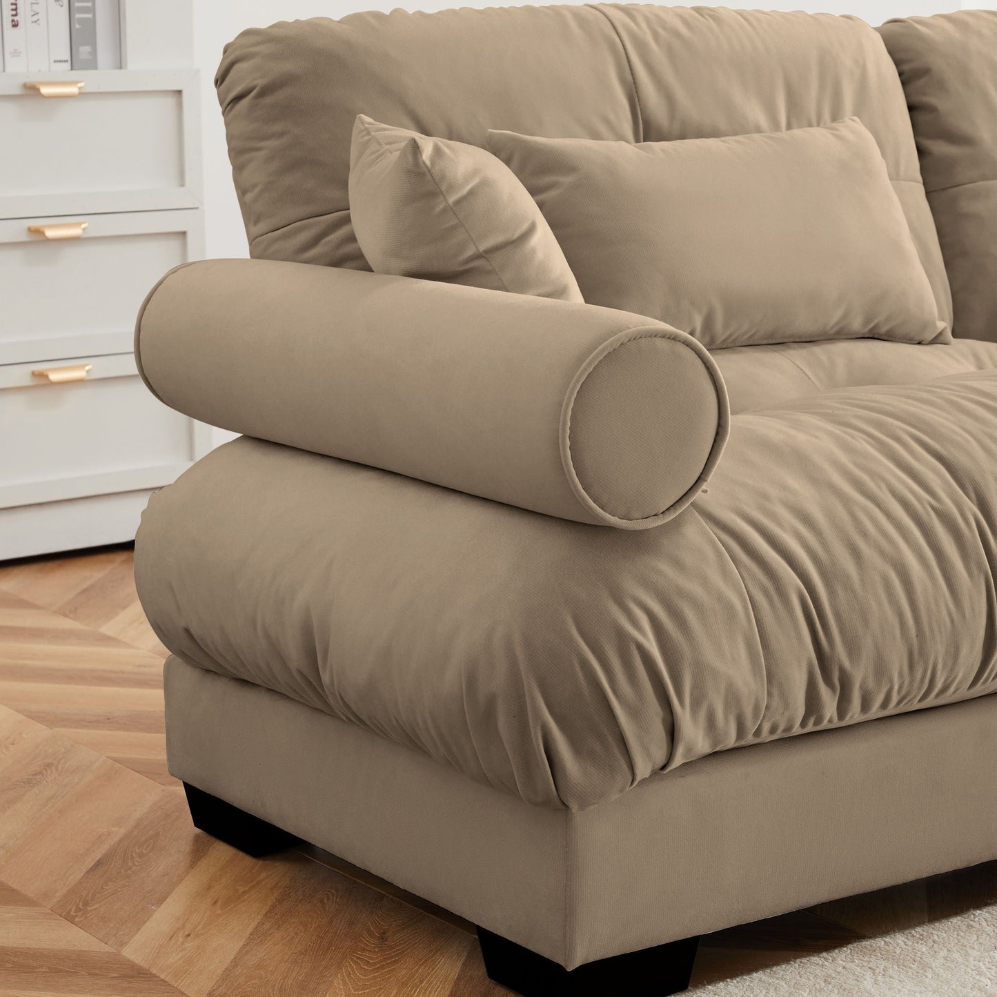 Modern Sectional Sofa With Ottoman, Round Bolster Armrests, Waist And Throw Pillows