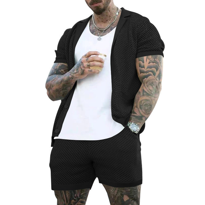 Men's Summer Cool Hole Cloth Lapel Short Sleeve Shorts Suit
