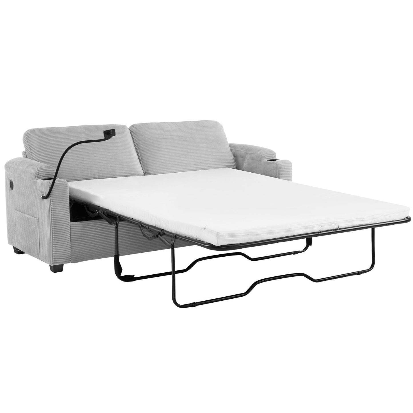 Sleeper Sofa Loveseat Sofa With Full Size Mattress, 2 USB Ports, 2 Cup Holders, 2 Side Pockets And Phone Holder