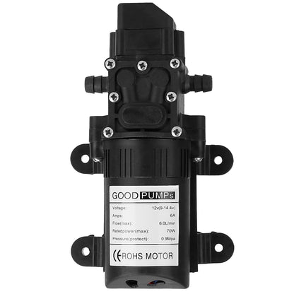 12V Water Pump with 2 Hose Clamps 130PSI Self Priming Sprayer Pump 70W Electric Diaphragm Water Pump 6L/Min for RV Camper Marine Boat