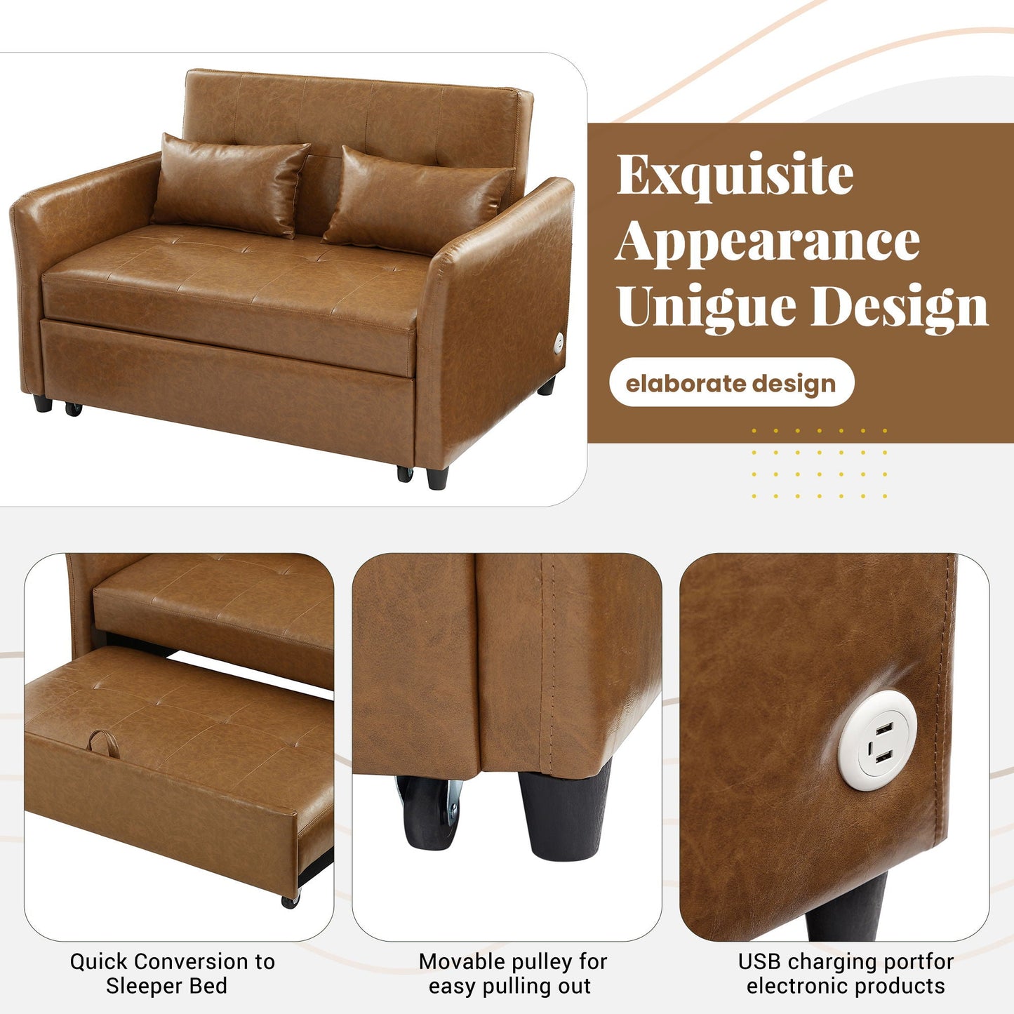Convertible Sleeper Sofa Bed With 3 USB Ports