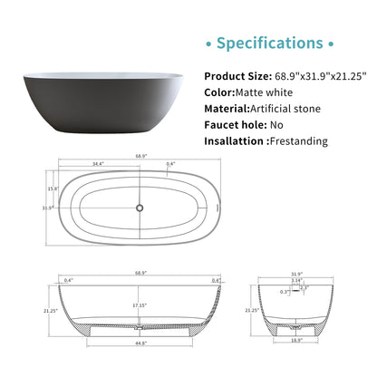 69" Freestanding Bathtub Resin Stone Soaking Tub