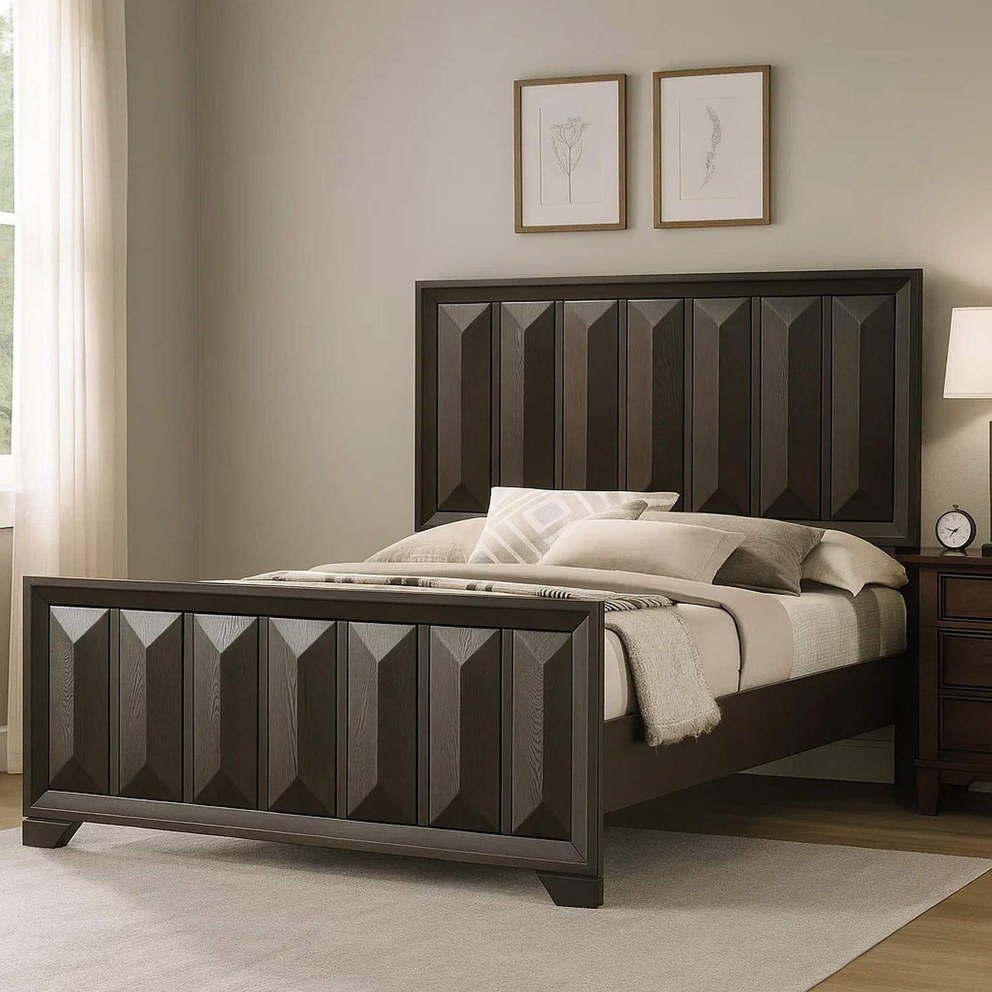 3 Piece Bedroom Set With Faceted Panels Bed And 2 Nightstands