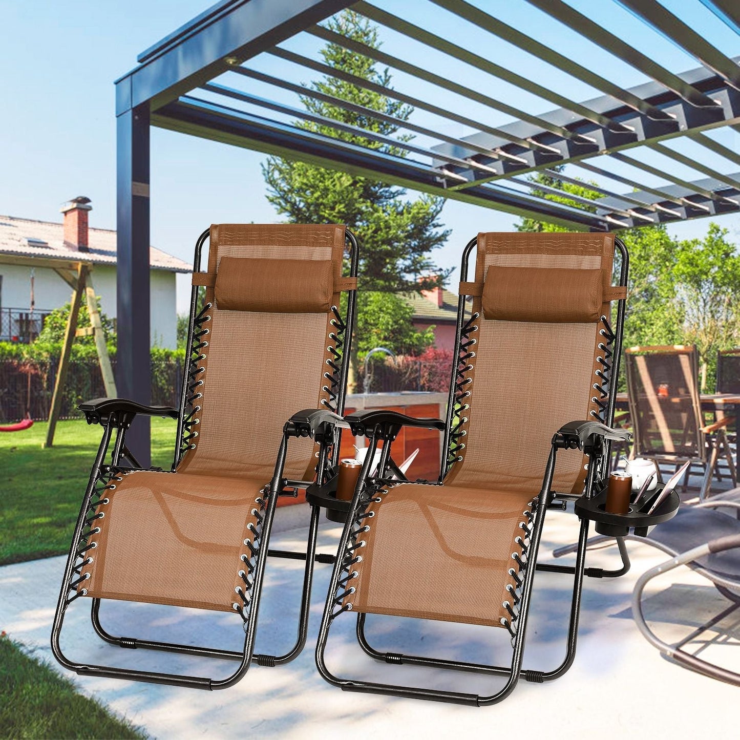 2Packs Zero Gravity Lounge Chair w/ Dual Side Tray 330lbs Load Foldable Recliner Chair w/ Stress Relief Pillow Patio Poolside Beach Lying Chair