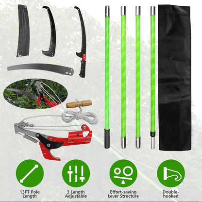 2 In 1 Extra Long Manual Pole Saw 8.23-15.12FT Extendable Tree Pruner for High Branches with Pruner Scissors 2 Double-hooked Saw Blades Goggles Gloves