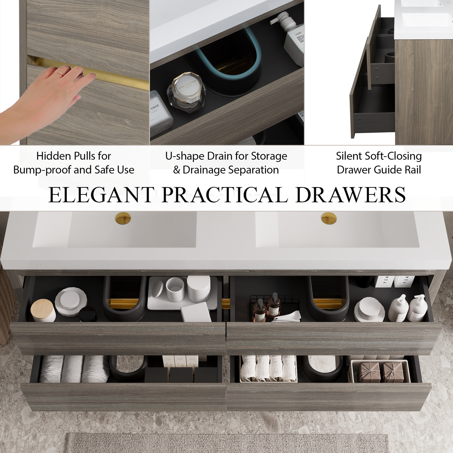 60" Wall-Mounted Bathroom Vanity with Double Sinks and Floating Storage