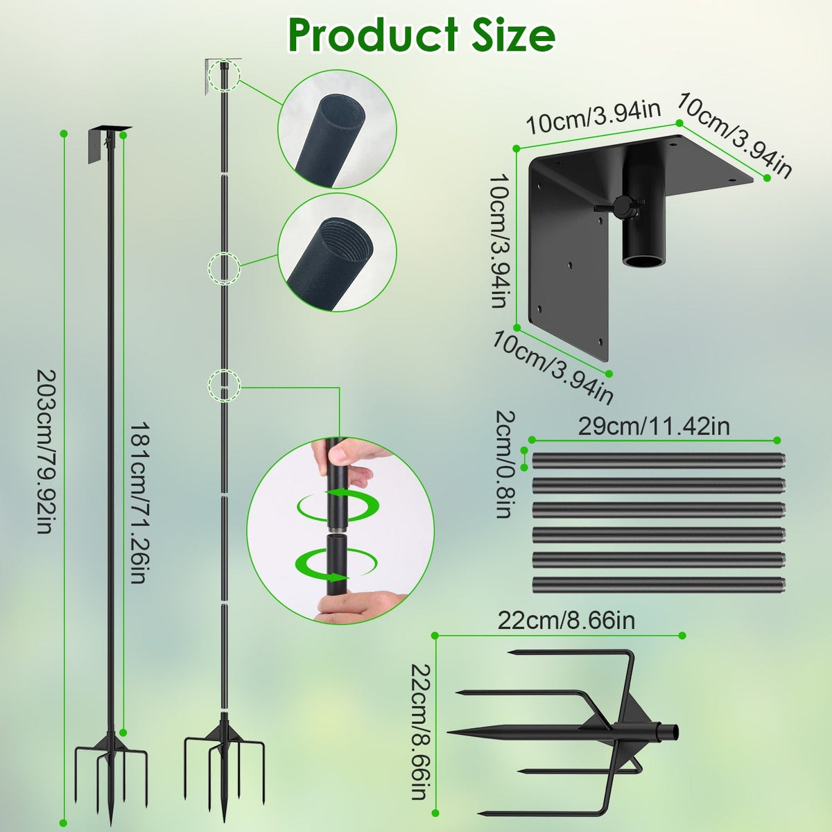 79.92in Bird House Pole Kit Height Adjustable Bird Feeder PoleÊMount Kit Heavy Duty Bird House Pole Set with 5 Prongs Base for Bird House Bird Feeder