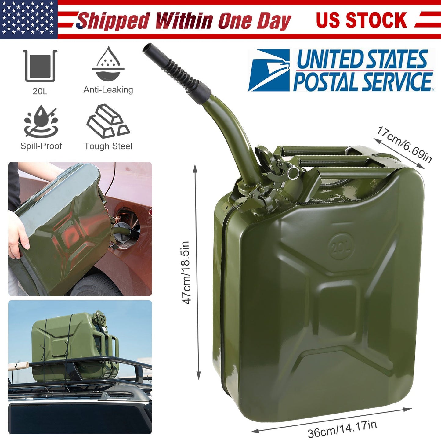 20L Gas Can 5 Gallon Spill Proof Gasoline Fuel Jerry Can Heavy Duty Steel