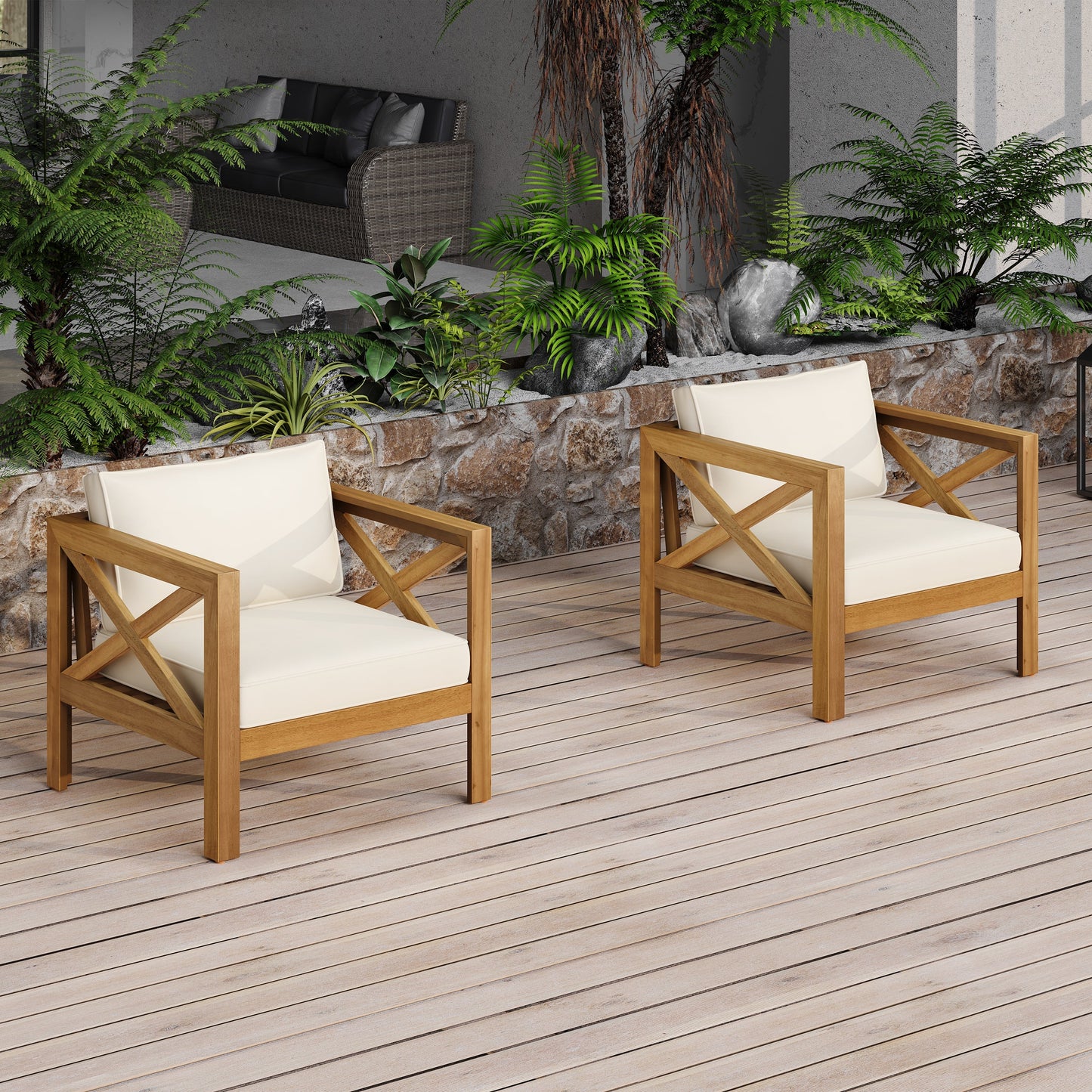 Patio Conversation Set with Acacia Wood Armchairs and End Table