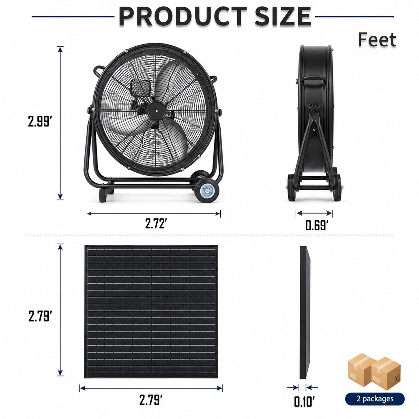 30" Wheeled Solar Fan with 140W Adjustable Monocrystalline Solar Panel