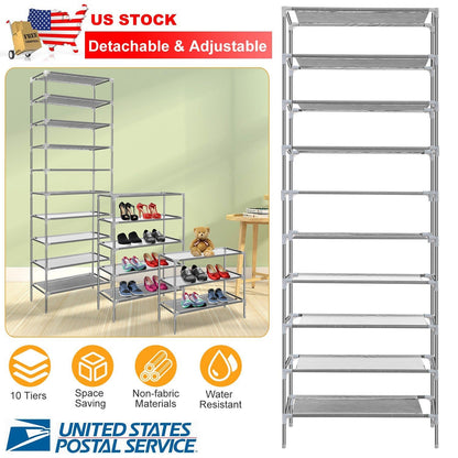 10 Tiers Shoes Rack Shelves 27 Pairs Shoes Storage Organizer Stand Non-Woven Fabric Detachable Shoes Tower Stackable Shoes Storage Rack for Entryway