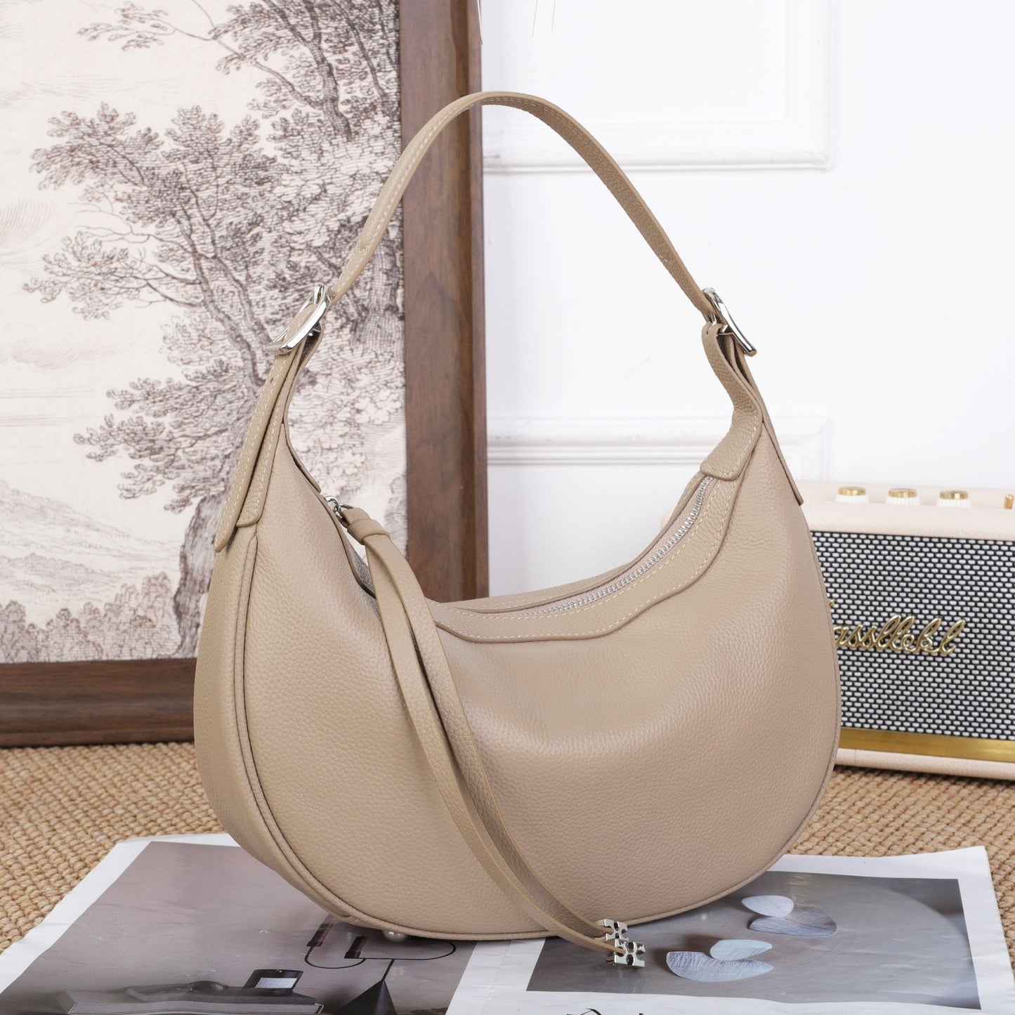 Cross-border Fashion Minimalist Top-grain Leather Dumpling Bag, Genuine Leather Women's Bag, Light Luxury Shoulder And Crossbody Half-moon Underarm Bag