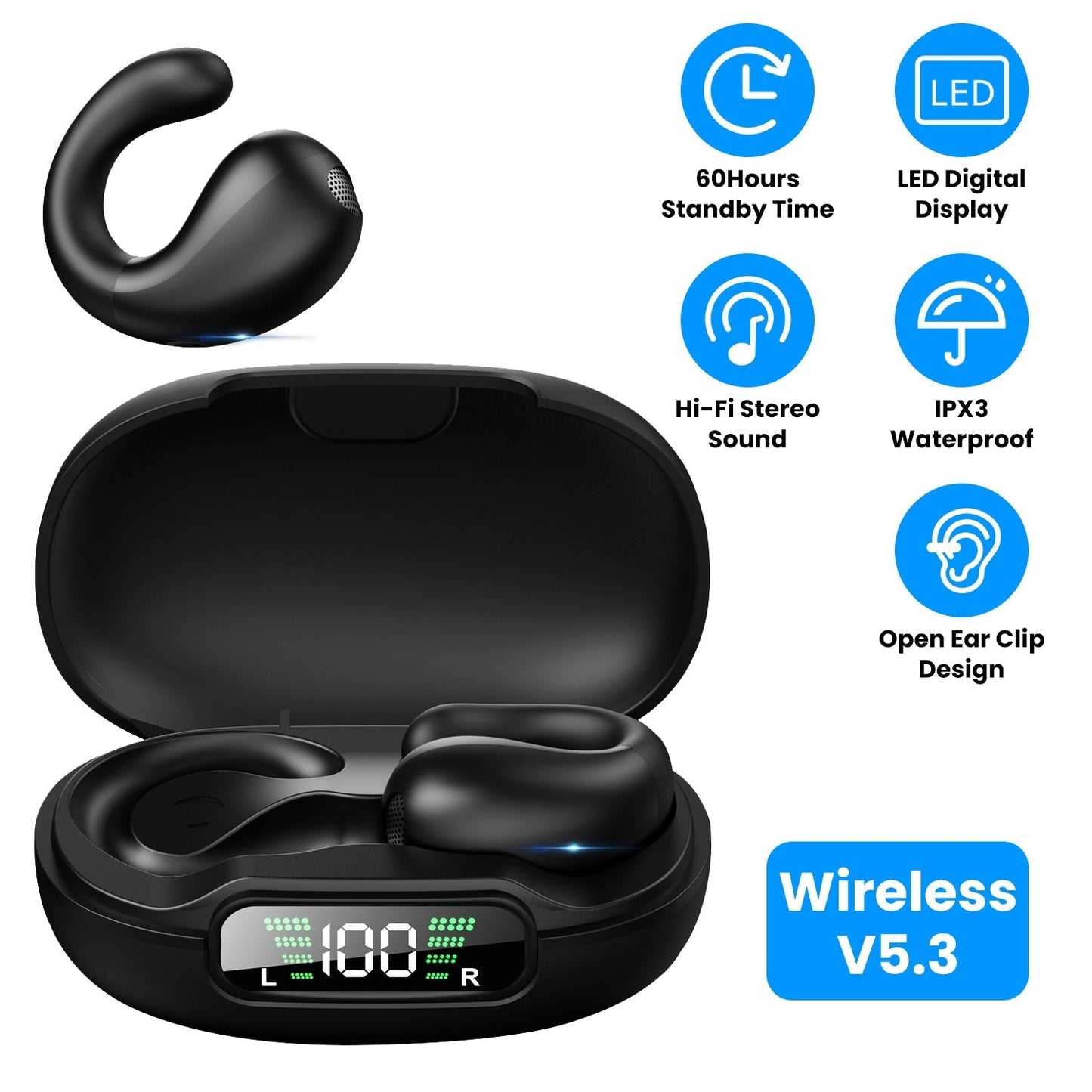 Wireless V5.3 Open Ear Clip Earbuds Over Ear Bone Headphones IPX3 Waterproof Ultra Open Earbuds with LED Display Charging Case for Driving Working Tra